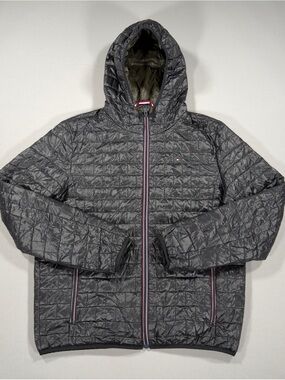 Tommy Hilfiger Men M Black Grid Quilted Puffer Jacket Hooded 158AN080 MSRP $195